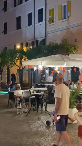 Here is a description of the video:

The video shows a group of people at an outdoor restaurant. There is a man playing music, and people are sitting at tables eating and drinking. A man and a young boy are walking toward the restaurant, and there is a dog sitting near a table. The restaurant is decorated with orange and white pennant flags. The buildings in the background are lit up with streetlights. The environment appears to be a city square at dusk.