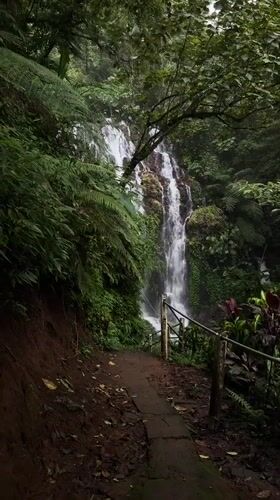 Tourist documents waterfall visit on forest trail in Sukasada