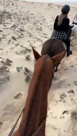 The video depicts a group of people horseback riding on a sandy beach. The camera's perspective is from the back of a horse, showing the horse's ears and neck in the foreground. The riders are moving in a line toward the ocean, which stretches out to the horizon under a sky with patchy clouds. The sand on the beach is uneven and spotted with low-lying vegetation. The riders are wearing helmets, and their attire varies. The horses are of different colors, including brown, white, and various shades in between. The ocean waves are visible and rolling gently toward the shore.