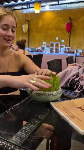 A person is shown petting a pot of grass. Their hands are adorned with many rings, and a tattoo is visible on their arm. The pot is turquoise with brown markings. The background of the shot includes other patrons of the establishment, as well as hanging lanterns and an ornate food display. A menu and a phone can be seen on the table.