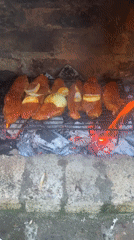 Outdoor brick fireplace cooking session with grilling meat