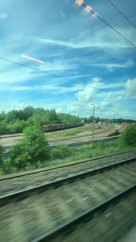 The video captures a view from a moving train, looking out the window. The scene outside is dominated by a bright blue sky with scattered white clouds. Below the sky, a line of green trees stretches across the horizon. In the middle ground, there are piles of cut logs, suggesting a logging or lumberyard area, with several train tracks visible. In the foreground, the train tracks the camera is on are blurred due to motion. The overall impression is of a landscape passing by during a train journey.