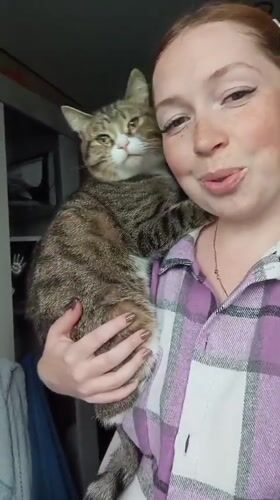 Woman cuddles tabby cat in casual morning moment