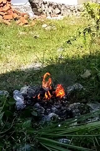 The video depicts a small fire burning in a grassy outdoor area. The fire is contained within a small pile of what appears to be trash, including some plastic bags.  There's green grass and plants surrounding the fire. In the background, there are some bricks, a stone wall, and more greenery. The lighting suggests it's daytime with sunlight illuminating the scene. There are no people visible in the video.