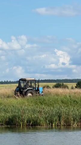 The video shows a blue tractor in a field of tall grass next to a body of water. The sky is blue with some white clouds. The tractor is moving slowly through the field. There is a person visible inside the tractor cab. In the distance, there is a line of trees. The water in the foreground is calm and reflects the sky.