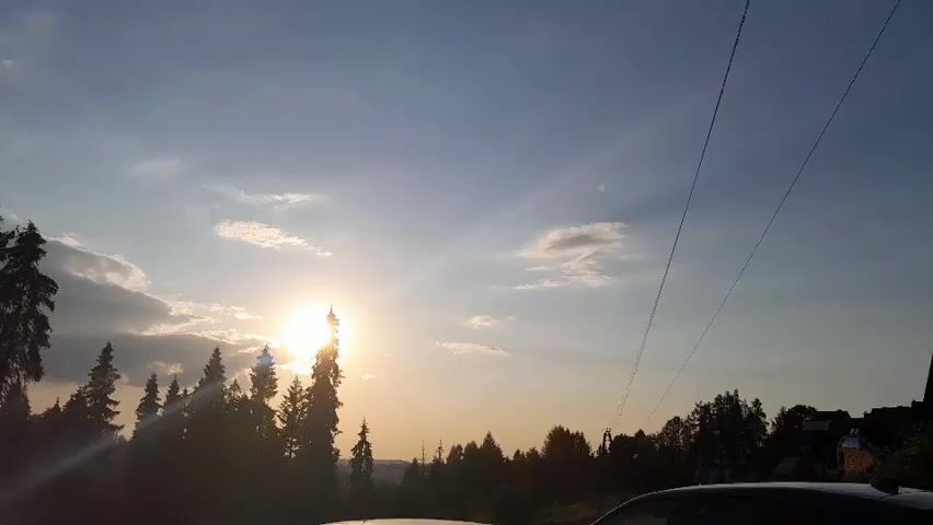 The video captures a sunset over a forest with a clear sky and scattered clouds. The sun is visible as a bright orb behind some tall trees, casting long shadows and creating a warm, golden light. In the foreground, the silhouette of a car can be seen on the right side of the frame, and power lines are stretched across the upper portion of the image. The overall ambiance is peaceful and serene.