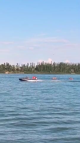 The video shows a wide, calm body of water under a clear blue sky with a few wispy clouds. A tree-lined shore is visible in the background, with some sandy areas. Several boats are racing or moving at high speeds, creating white wakes on the blue water. One prominent boat in the foreground is blue and white with a red flag. Another boat further to the right is bright orange or yellow. The overall impression is a sunny day with a water sport event in progress.