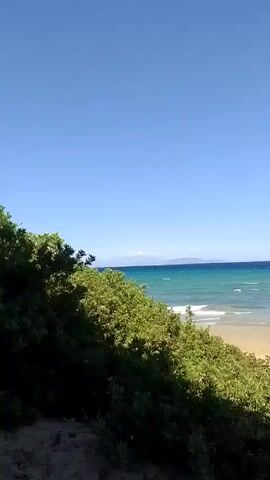 The video shows a panoramic view of a sandy beach with clear blue sky and turquoise water. There are people sunbathing and swimming. Vegetation, including bushes and trees, lines the edge of the beach, and in the distance, buildings can be seen. The waves are gentle, and the overall atmosphere appears to be peaceful and relaxing. There are trash cans and a beach umbrella visible on the sand.