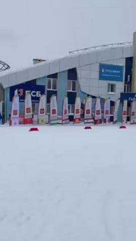 The video shows a snowy area in front of a building with several flags lined up. The building has a sign in Russian. Someone skis across the snowy area. Then someone walks across it. The weather appears overcast, with snow on the ground and what looks like a forest in the background.