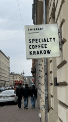 Coffee shop signage and merchandise spotted in Kraków