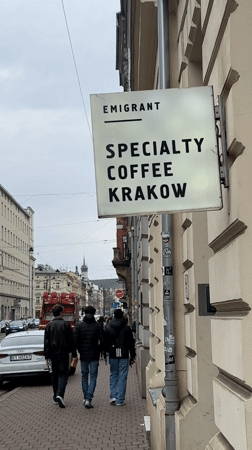 Coffee shop signage and merchandise spotted in Kraków