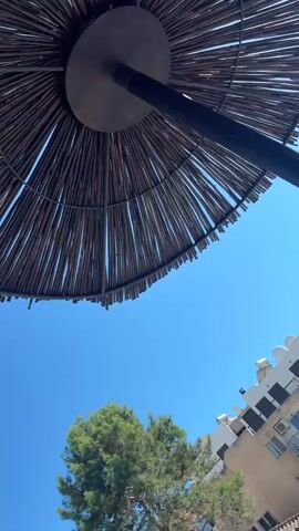 The video shows a poolside scene on a sunny day. The camera is angled upwards, focusing on a thatched umbrella providing shade. Below the umbrella, a bright blue sky is visible. To the right, a multi-story building with balconies and air conditioning units stands. Trees are present to the left of the building. The swimming pool is filled with clear turquoise water, and several people are seen lounging by the pool or in the water. Some individuals are visible in the pool, with one person appearing to be swimming. The overall impression is a relaxing vacation or resort setting.