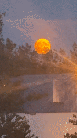 Massive orange moon rises low over Calgary's dusky sky