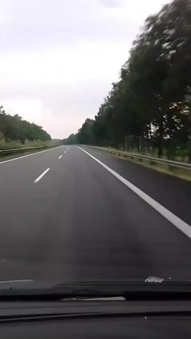 This media file is a short video clip showing a view from inside a car as it travels on a highway in Langwedel, Germany. The highway has two lanes in each direction, separated by a median. The road is paved and appears to be in good condition. White lines mark the lanes. On either side of the highway, there are trees and some greenery. The sky is overcast, suggesting cloudy or perhaps rainy weather. The time of day appears to be daytime, but the low light conditions due to the clouds make it difficult to determine the exact hour. There are no people visible in the frame, only the interior of the car in the foreground, including the dashboard. The overall mood is that of travel, with the scenery passing by as the car moves forward. There is no visible text in the video.