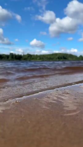 A low-angle shot shows gentle waves lapping against a sandy shore. The water is a reddish-brown, and the sand is a light brown. In the background, a lush green forest stretches across the horizon under a bright blue sky dotted with fluffy white clouds. The scene is peaceful and serene.