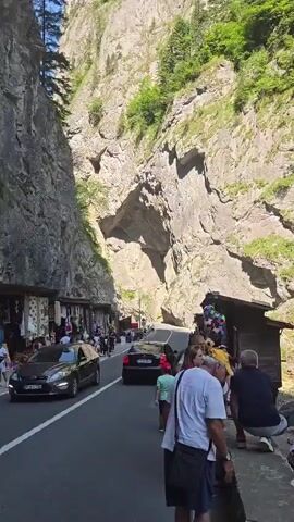 A wide shot captures a bustling scene within a narrow mountain gorge on a clear, sunny day. Towering, rugged cliffs flank a paved road that winds through the gorge. Numerous trees and patches of vegetation cling to the steep rock faces. Along the left side of the road, a row of market stalls displays textiles and other goods, with several people browsing and interacting with vendors. Cars drive along the road, and pedestrians walk on both sides. On the right side, a small wooden structure and a group of people gathered around balloons suggest a tourist or commercial activity. The overall impression is one of a vibrant, tourist-frequented natural attraction.