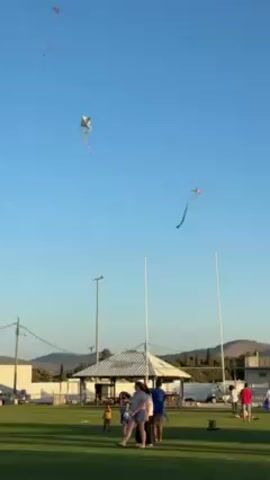 The video shows a public park on a sunny day with a clear, blue sky. Three kites are flying high in the air; one is a diamond shape, another is a long, blue streamer-like kite, and a third is hard to discern. A group of people are standing on a grassy field in the foreground. Some are walking slowly, while others are static. A small child in yellow shorts is also visible. In the background, there is a covered picnic area with a white roof and several support posts. There are light poles and tall, white poles on the grass as well. In the far distance, there are trees, a hill, and some structures, including what appears to be a small building or shed. The overall atmosphere is relaxed and suggests outdoor leisure activity.