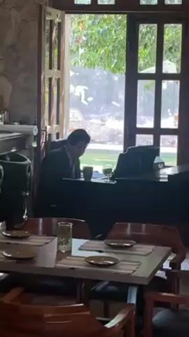 Inside a restaurant with rustic decor, a man in a suit sits at a black piano, playing. Tables are set with plates and glasses, suggesting a dining area. Large windows offer a view of lush greenery outside, creating a bright and inviting atmosphere. The scene appears calm, with the focus on the man's performance.