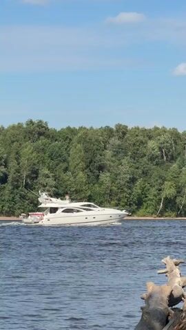 A white yacht with red trim cruises on a calm body of water. The yacht has two levels and appears to be moving at a moderate speed. On the upper deck, two figures are visible, one standing near the front and another further back. The background features a dense, green forest bordering the water. The sky above is a clear blue with a few scattered white clouds. In the foreground, the edge of the water shows some weathered logs or driftwood. The overall scene depicts a serene daytime environment, likely a lake or river, with recreational boating activity.