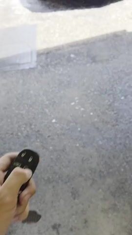 A silver Dodge Challenger with blue racing stripes is parked on a gravel surface. The car's headlights are on. In the background, there are trees and other vehicles, including a dark-colored SUV. The video starts with a close-up of the car's front end and then pans out slightly. The car's license plate is visible, reading "CB 0202 OB". The engine appears to be started at 00:03.
