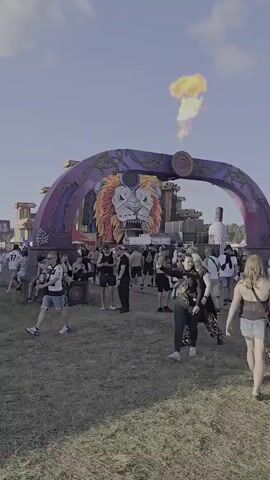 The video captures a bustling outdoor event, likely a music festival, in Neustadt-Glewe, Germany. A colossal, intricately designed lion's head serves as a central focal point and stage decoration, its colorful mane and fierce expression dominating the background. The lion's eyes are illuminated with bright lights.

Crowds of people are seen walking around, milling about and interacting. They are dressed in casual, summer attire, suggesting warm weather and daytime hours. The overall atmosphere appears lively and energetic, with many individuals engaged in conversation or simply enjoying the spectacle.

The scene is set on a dirt or gravel path, with some grassy areas visible. Tents and temporary structures are dotted around the periphery, hinting at the festival's setup. In the foreground, people are captured in motion, some looking at their phones, others conversing. The mood seems generally upbeat and relaxed, typical of a festival environment.

Notable details include the impressive scale of the lion's head, the vibrant colors used in its design, and the sheer number of attendees. There are no overtly visible emotions like joy or anger, but the general sense is one of communal enjoyment. The lighting suggests it is a bright, clear day, possibly late afternoon.

A small sign visible on the front of a structure beneath the lion's head appears to have the word "ENHÄNGER" printed on it, and another small logo with text. Another sign, higher up, seems to feature a musical note symbol. The overall impression is of a large-scale entertainment event drawing a diverse crowd under a wide-open sky.