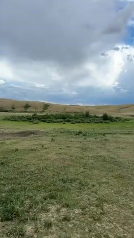 This media file depicts a wide, expansive landscape under a dramatic, cloudy sky. The scene is primarily a vast grassland, with rolling hills forming the backdrop. In the mid-ground, there's a strip of greener vegetation, possibly indicating a water source like a creek or a patch of more fertile land, dotted with a few trees. The foreground is dry, grassy terrain with some scattered rocks and a dirt path on the right side of the frame.

The sky is a dominant feature, filled with heavy, dark clouds that suggest an approaching storm or recent rainfall. Breaks in the clouds reveal patches of blue sky, and shafts of sunlight stream through in places, creating a dynamic and somewhat moody atmosphere. The lighting indicates it could be late afternoon or early evening, given the direction and quality of the light breaking through the clouds.

There are no people or man-made objects visible in the scene, emphasizing the natural, untouched quality of the environment. The overall impression is one of solitude and the raw beauty of the natural world. The location cues, combined with the vast, rolling grasslands, suggest a rural or wilderness setting. The emotion conveyed is one of awe at the grandeur of nature and perhaps a sense of quiet contemplation. No visible text is present in the media file.