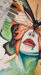 Whimsical watercolor art and a plush bear up close