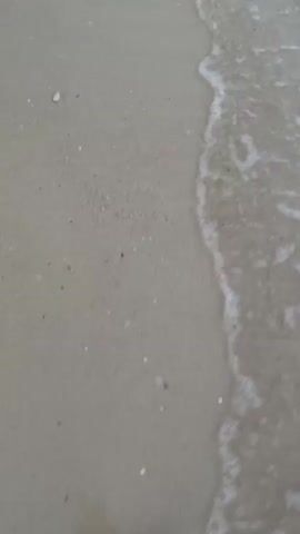The video shows a low-angle shot of waves gently lapping onto a sandy beach. The water is mostly clear with some foamy whitecaps. The sand is light brown and appears wet where the waves have receded. Small shell fragments and pebbles are visible on the sand. The camera is moving slightly, giving the impression of walking along the shoreline. The overall scene is peaceful and natural, focusing on the interaction of water and sand.