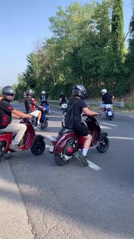 The video shows a group of people riding Vespas on a road with trees and vegetation on the side. The sky is clear and blue. The Vespas are of various colors, including red, blue, white, and cream. Several riders are wearing helmets and casual clothing. Some Vespas have passengers. The camera is moving, following the group as they ride. The overall scene suggests a leisurely ride or a rally of scooter enthusiasts.