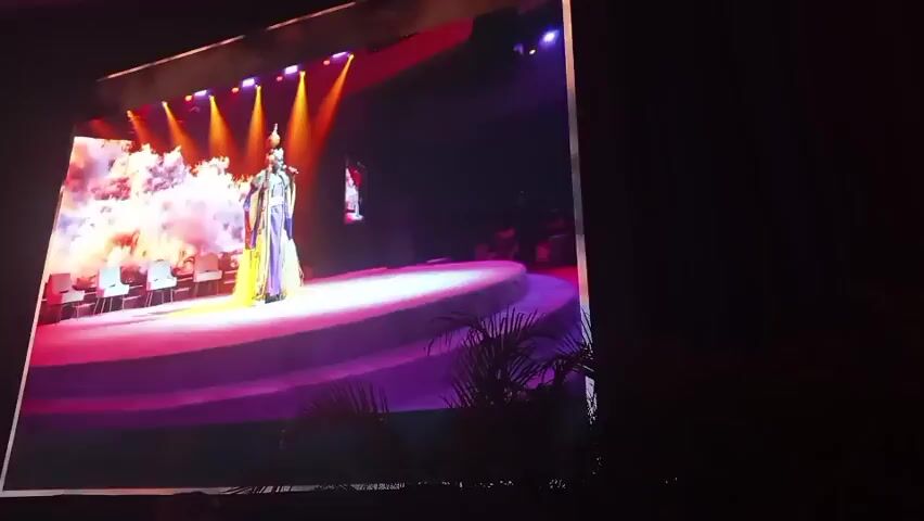 A large screen shows a person dressed as royalty. The person is wearing a purple robe with gold trim, a fur collar, and a crown. They are holding a golden staff and speaking into a microphone. The background behind the person is a colorful swirl of pink, purple, and white. The screen is positioned in front of palm tree fronds.
