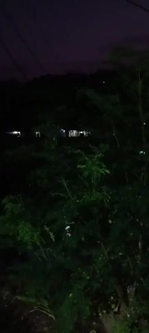 The video is a low-light recording of a rural or suburban landscape at dusk or dawn. In the foreground, there are dark green, leafy trees and bushes. A power line is visible stretching across the upper part of the frame. In the background, several houses with lit windows are scattered across a hillside. The sky above is a deep purple-grey, with some clouds visible. There is no audio.