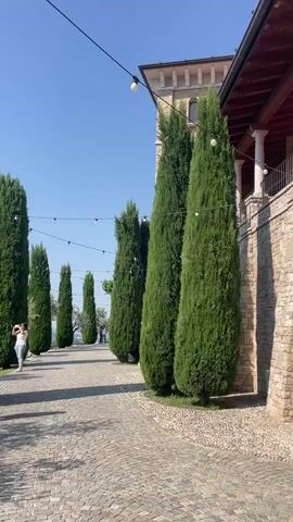 The video shows a paved pathway lined with tall, thin, green trees leading toward the horizon. A person is walking along the path in the distance, taking photos with a phone. Above the path, string lights hang between the trees. To the right, a stone building with a columned balcony is partially visible. The sky is clear and blue.