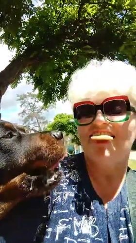 Woman and award-winning Rottweiler enjoy morning outing in Ukrainian park