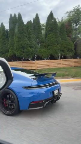 The video shows the rear of a blue Porsche being filmed from a vehicle moving on a residential street. The Porsche has a black spoiler, dark rims, and red brake calipers. The side mirror of the filming vehicle is visible in the left of the frame. Behind the Porsche, there is a wooden fence, trees, houses, and utility poles. The sky is overcast. The camera car appears to be keeping pace with the Porsche, capturing a steady side view of the car in motion.