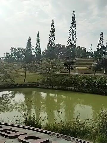 The video presents a tranquil outdoor landscape, slowly panning from left to right. In the foreground, a still body of water, possibly a pond or small lake, reflects the overcast sky and surrounding greenery. The water has a distinct light green color. Lush green bushes and grasses line the immediate bank of the water.

Beyond the water, several tall, slender evergreen trees, reminiscent of pine trees, punctuate the scene. These trees are distributed across a gently sloping hill that features multiple terraced levels of meticulously maintained green lawn. Perched atop the hill, a traditional building with a dark, multi-tiered, and curved roof, suggestive of East or Southeast Asian architecture (like a pagoda or temple), is visible. To its left, a smaller, similar-style structure, possibly a gazebo or smaller temple, can be seen, accessible via a set of steps leading up the landscaped slope.

The sky is bright but overcast or partly cloudy, indicating daytime, likely late morning or early afternoon. The weather appears calm. Throughout the video, the distinct sound of the Adhan, the Islamic call to prayer, is audible, providing a cultural and temporal context. No human activity is visible within the frame, and there is no discernible text. The scene evokes a sense of serenity and natural beauty, complemented by the traditional architecture and the spiritual ambiance created by the Adhan. The location cues, including the architecture and the Adhan, are consistent with the provided context of Tohkuning, Indonesia.