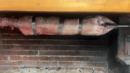 Lamb roasts on rotisserie in Bulgarian village fireplace