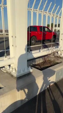 A low-angle perspective moves along a bridge with white supports and cable railings under a clear blue sky.  A red pickup truck drives on the road surface of the bridge, moving away from the camera's point of view. The lower portion of the supports are visible, showing bolts and a concrete base.  There are small, dry plants growing in a cutout in the concrete.  A shadow of a person is also cast on the concrete. In the distance, buildings can be seen across the water.  A person walks further down the bridge on the road surface.