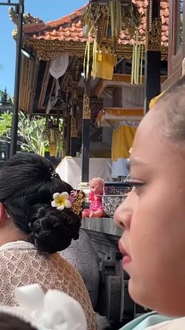 The video shows a religious ceremony taking place outdoors in what appears to be a temple complex in Mendoyo, Indonesia. The time of day is daytime, with bright sunlight casting shadows, indicating fair weather.

The foreground is dominated by the backs of people seated on the ground, facing a structure in the background. One woman in the immediate foreground has her hair styled in an elaborate updo with a white flower pinned to it. Her clothing appears to be traditional, possibly a lace-like blouse. Next to her, another person's profile is visible, with white markings on their forehead, suggesting participation in a ritual.

The midground features a group of people, mostly men, dressed in white, seated on the paved ground. They are looking towards the background, where a traditional Balinese temple structure is visible. This structure is adorned with ornate golden carvings, intricate roof designs, and yellow fabric decorations, typical of Balinese architecture. Hanging from the roof are fronds, likely from coconut trees, a common decorative element in Indonesian ceremonies. There is a small doll dressed in pink sitting on a ledge of the temple structure, possibly a symbolic offering or part of the ceremony.

In the background, beyond the seated attendees and the temple structure, lush green trees and what appears to be another part of the temple complex are visible under a clear blue sky. A yellow flag with dark symbols is flying from a pole. The overall atmosphere seems serene and respectful, typical of a religious gathering. The presence of traditional clothing, the temple architecture, and the likely tropical foliage strongly suggest the location is in Indonesia, specifically Bali or a region with similar cultural practices, as indicated by the location context of Mendoyo. No visible text is present in the video.