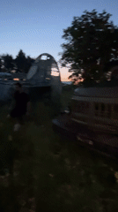 Rusting aircraft and truck reclaimed by vegetation at dusk