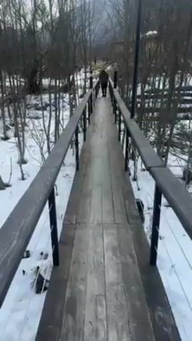 A person in a dark coat and a red hat walks towards the camera across a narrow wooden bridge. The bridge has dark wooden railings supported by black metal posts with cables running horizontally between them. Snow covers the ground under and around the bridge. Trees stand bare on either side of the bridge. The sky is overcast.