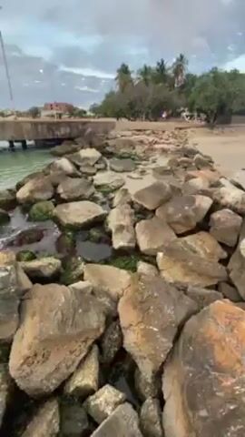 The video shows a young woman standing on a pile of large rocks near the ocean. She's wearing a grey shirt, black shorts, and her hair is in a braid. She's holding a phone in her left hand. In the background, there is a boat docked at a pier, with a cloudy sky above. Someone's hand briefly enters the frame and makes a peace sign near the woman. The video appears to be taken at dusk.