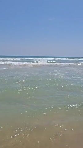 The video shows a view of the ocean from a sandy beach on a clear day. The water is calm with gentle waves. The camera pans down to show a person's feet standing in the shallow water near the shore. The person is wearing camouflage shorts. The water is clear enough to see the sand beneath the surface.