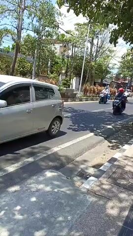 The video shows a street scene with several people riding motorcycles. The road is paved and has a white line marking the lanes. There is a sidewalk on the right side of the road, and a row of plants separates the road from a landscaped area with more plants and trees. Buildings are visible in the background. The sky is clear and sunny. The video appears to be filmed from a moving vehicle on the sidewalk.