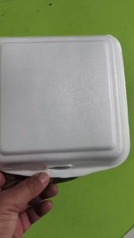 The video shows a person opening a white styrofoam food container. The container is on a green surface. Inside the container is fried rice, served on a brown paper liner. There are also a few slices of red material, possibly tomato or chili, on top of the rice. The person then picks up a small packet of sauce or condiment and appears to be about to pour it onto the rice.