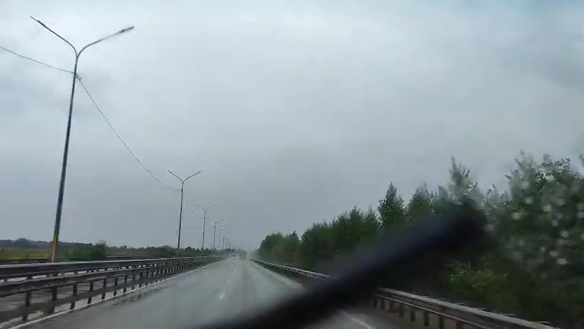 The video shows a first-person view of driving on a wet highway under a cloudy sky. The road is wet, indicating it is raining or has recently rained. Trees line the right side of the road, and their leaves are being blown by the wind. Several streetlights are visible along the left side of the highway. In the foreground, a windshield wiper sweeps across the frame, clearing raindrops from the windshield. The overall impression is of a dreary, rainy day.