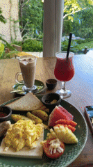 Tropical breakfast and resort scenes documented in Nusa Penida