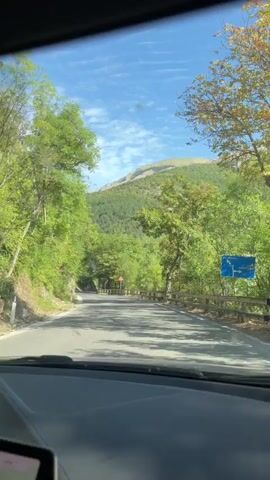 This video shows a view from inside a vehicle, looking out at a winding road through a mountainous, tree-lined area on a clear day. The road ahead curves to the left and ascends a hill. On the right side of the road, there is a wooden fence and a blue traffic sign. A red triangular warning sign with an image of a deer is visible on the side of the road. The sun is shining, casting shadows on the road. The trees are lush and green, with some autumn colors appearing on some leaves. The sky is blue with scattered white clouds. A mountain range is visible in the distance.