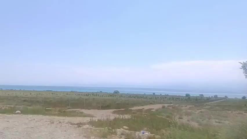 The video shows a landscape with a body of water in the distance, likely a lake or sea, under a clear blue sky with some clouds. The foreground consists of dry, grassy plains with scattered bushes and trees. A dirt road runs diagonally across the right side of the frame, and a simple wire fence is visible in several places. The camera appears to be moving, as indicated by the slight shift in perspective and the way the vegetation in the foreground moves relative to the background. There are no people or animals visible in the frame. The overall impression is one of a rural or natural environment.