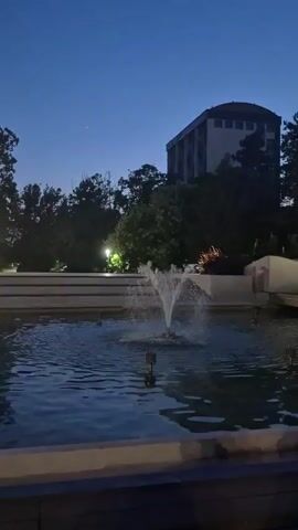 A fountain is lit up with colorful lights at night. The fountain is in a pool of water and the surrounding area is dark, with trees and a building visible in the background. The lights in the fountain change colors, from white to red, pink, and purple. There are also lights on in the trees and on the building.