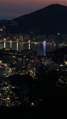The video shows a nighttime panoramic view of a coastal city nestled between a body of water and mountains. The city lights are twinkling, creating a vibrant glow against the dark landscape. A Ferris wheel, illuminated with purple lights, stands out near the waterfront. The water reflects the city's lights, creating a shimmering effect. The scene is framed by dark foliage in the foreground, suggesting the viewpoint is from a higher elevation overlooking the city. The sky is a dusky twilight color, transitioning from deep blue to a lighter hue near the horizon. There are no people visible in the video. The overall atmosphere is serene and picturesque, highlighting the beauty of the city at night.